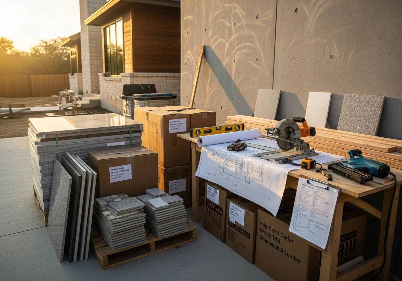 Construction crew and tools on a residential job site, showcasing the precision and craftsmanship of a remodeling project in progress.