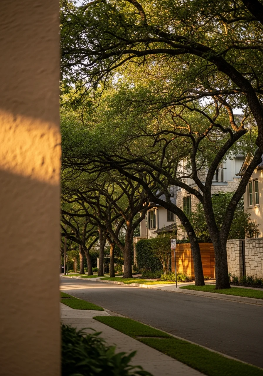 Residential street in central Austin with mature trees and mixed architectural styles typical of established neighborhoods.
