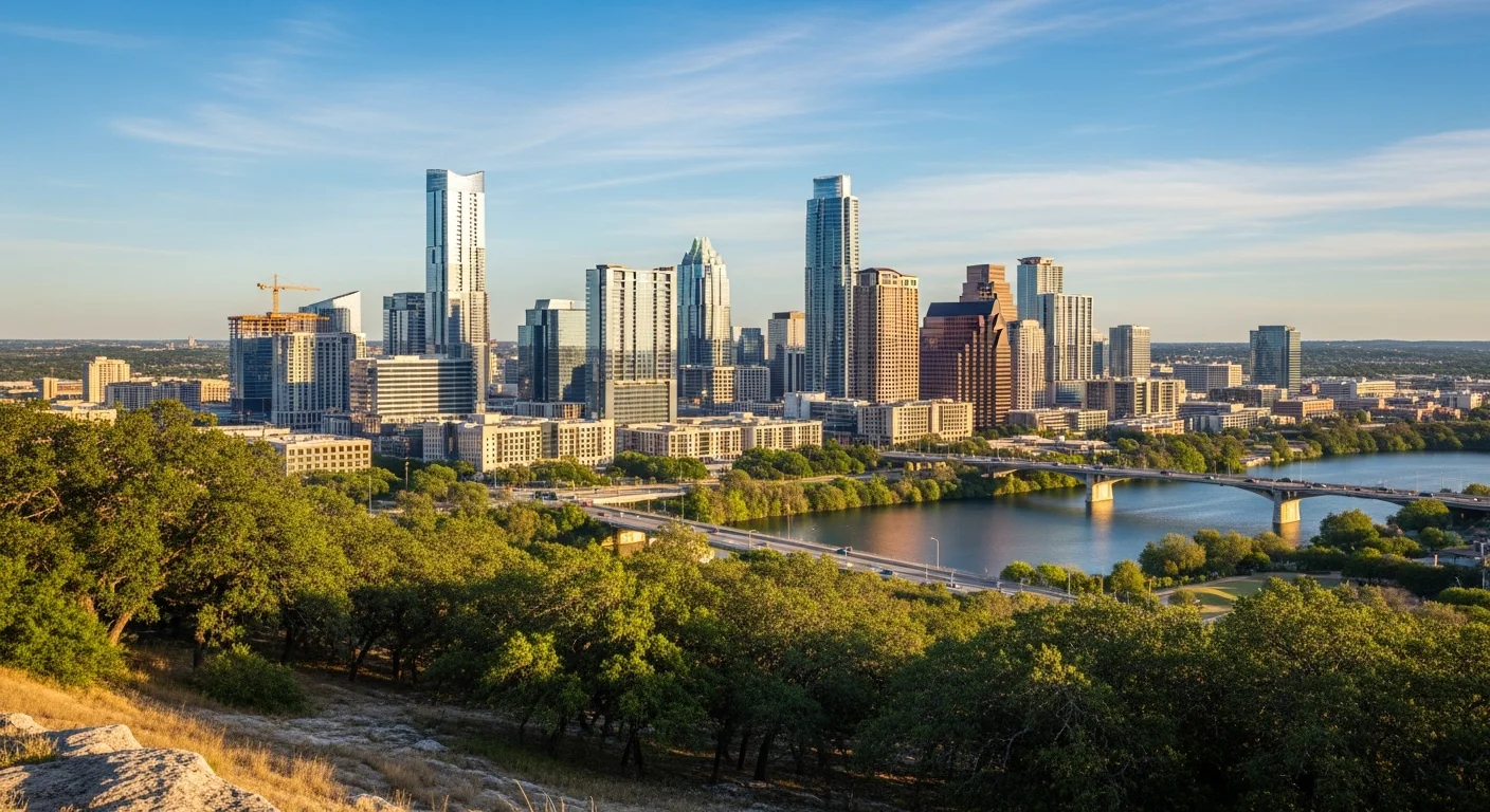 Austin skyline with downtown buildings and Hill Country hills in background, representing the city's diverse neighborhoods.