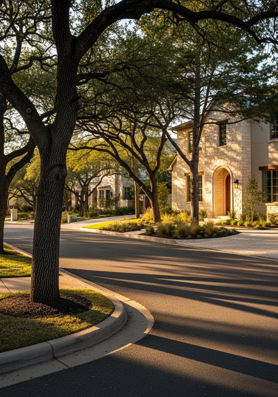 Barton Creek neighborhood street showing well-maintained homes and mature landscaping typical of the community.