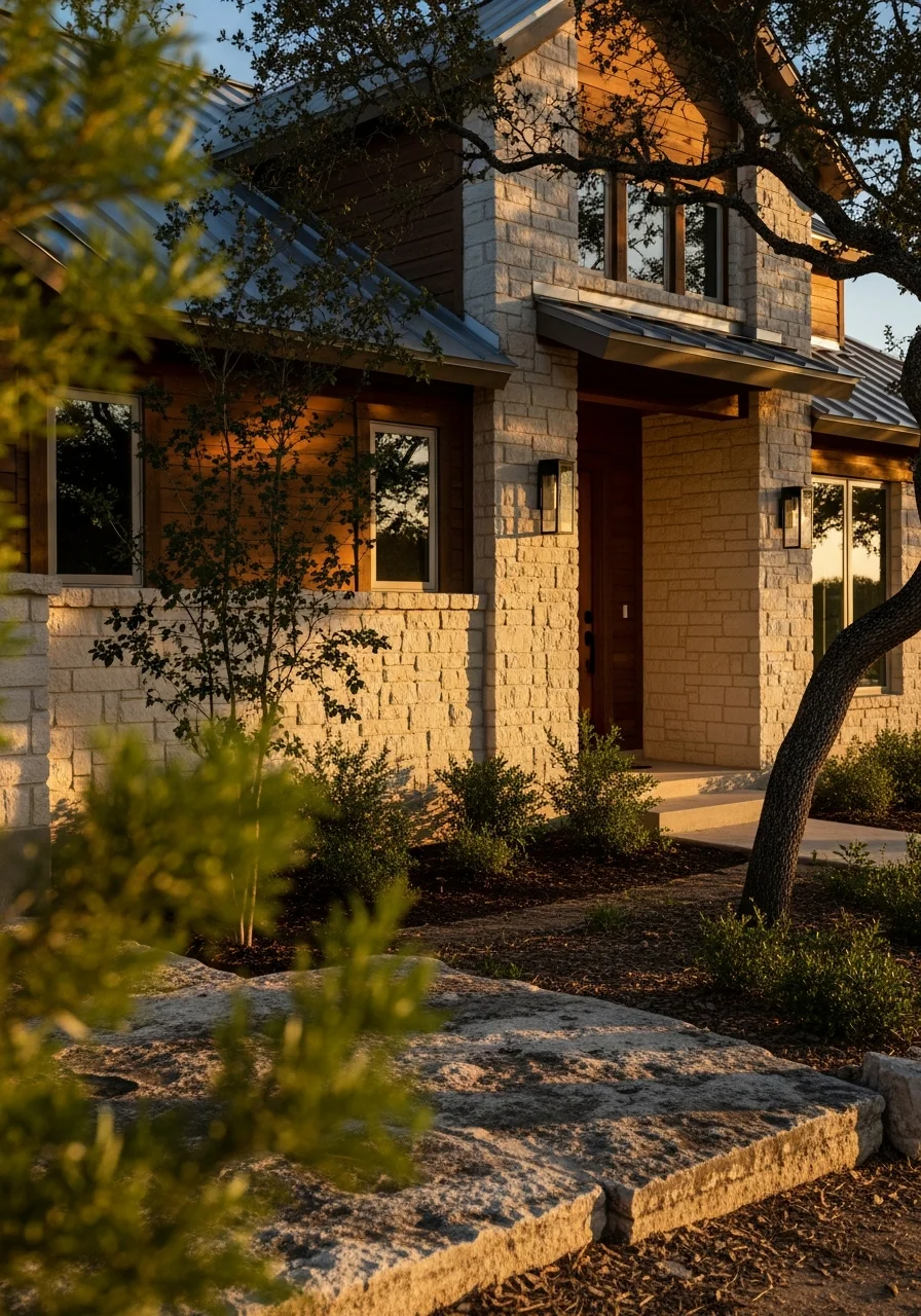 Hill Country home exterior with native vegetation and scenic landscape typical of Dripping Springs area.
