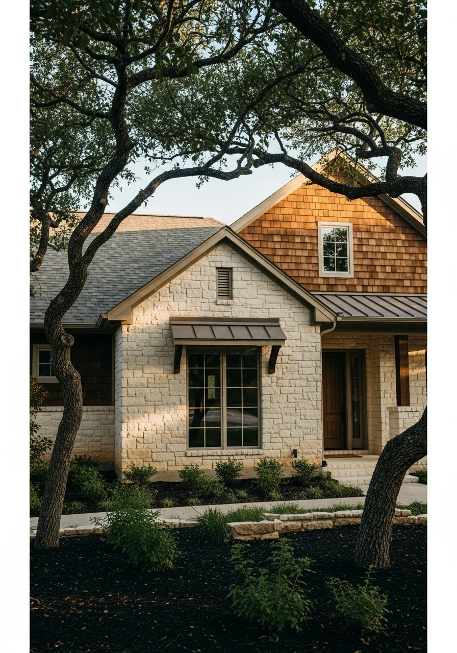Close-up of a Rollingwood home's exterior with mature trees framing the property.