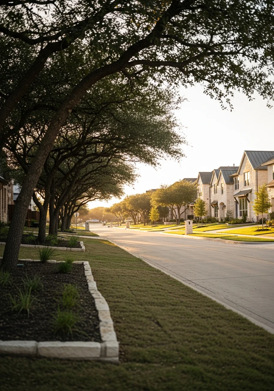 Steiner Ranch community street showing newer homes and family-friendly neighborhood character.