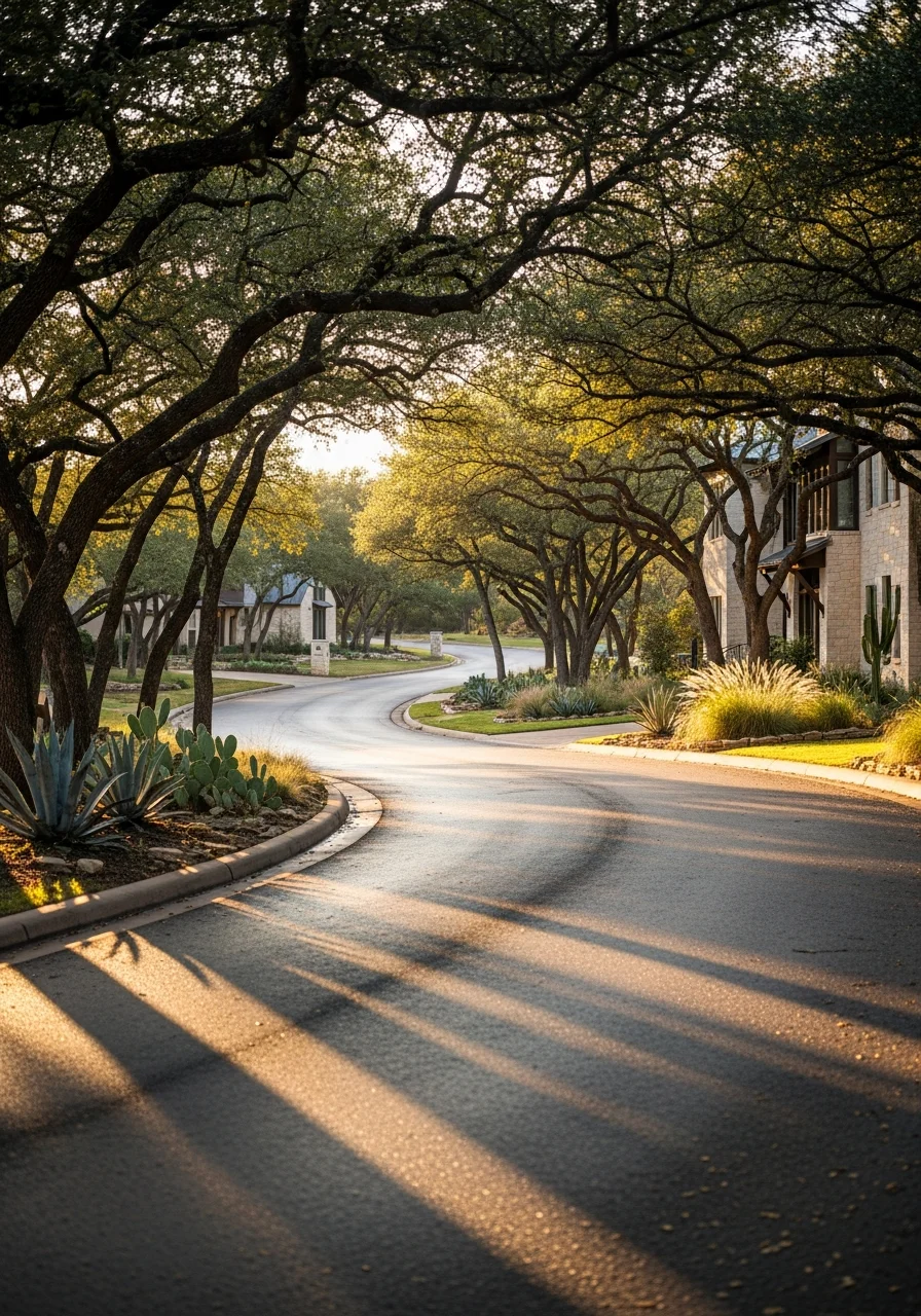 Winding street in Westlake Hills lined with mature trees and spacious properties set back from the road.