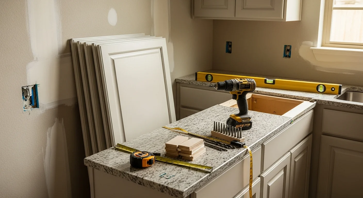 Newly installed wood-tone kitchen cabinets with soft-close hardware in an Austin, TX home, showing level upper and lower cabinet runs against a painted drywall wall. A bathroom vanity cabinet installation by CHS Construction and Remodeling in Austin, with flush-fit doors and clean scribe molding along the wall edge.