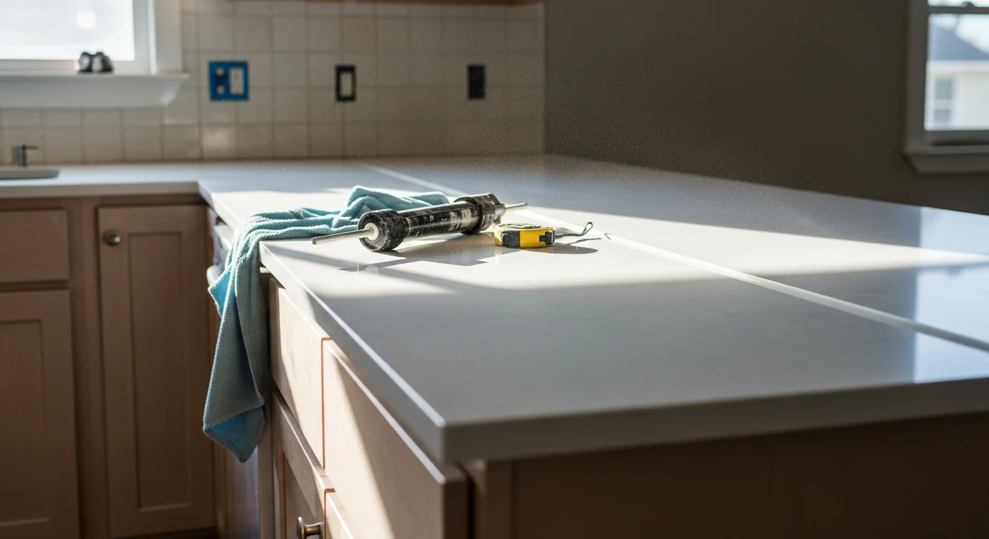 Newly installed stone countertop on white kitchen cabinets in an Austin, TX home, with an undermount sink cutout and clean edge profile. The kitchen features an open layout typical of remodeled Austin residences.
