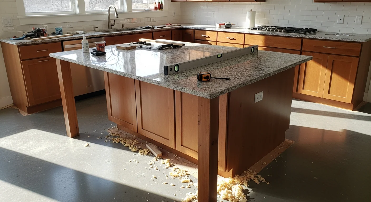 A newly installed custom kitchen island with built-in lower cabinetry and a stone countertop in an open-concept Austin, TX home. The island includes an extended overhang with bar stool seating positioned toward the living area.