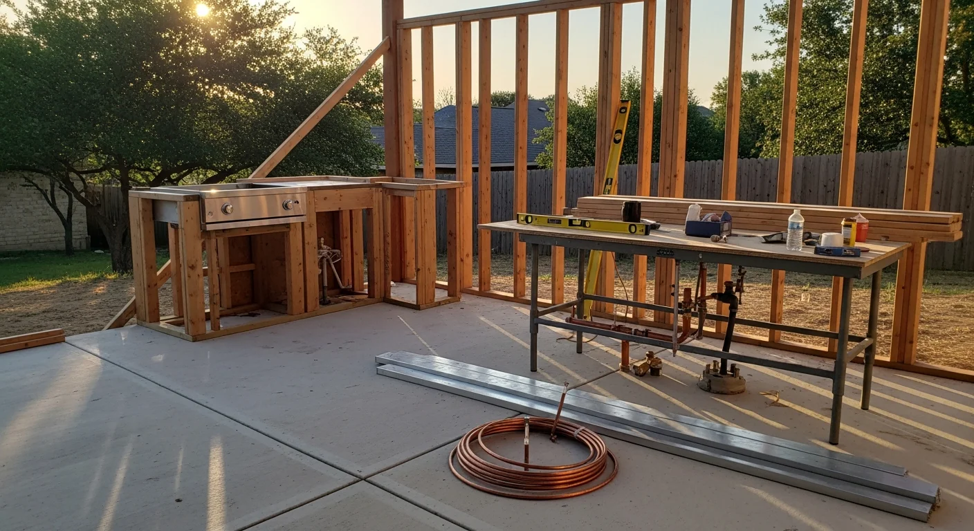 A completed outdoor kitchen addition in an Austin, TX backyard, featuring a built-in grill station, stone countertops, and a covered shade structure. The cooking area is positioned on a concrete patio with clear prep and serve zones designed for Central Texas entertaining.