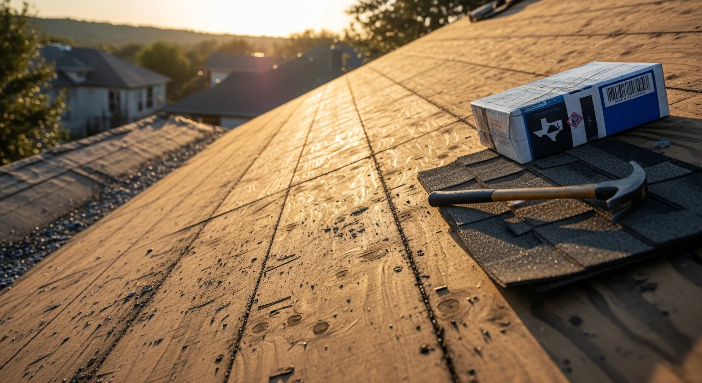 A completed residential roof replacement on a single-story Austin, TX home, showing new architectural shingles installed across a gable roof with clean ridge lines and replaced flashing around roof penetrations. The surrounding Central Texas landscape and clear sky are visible in the background.