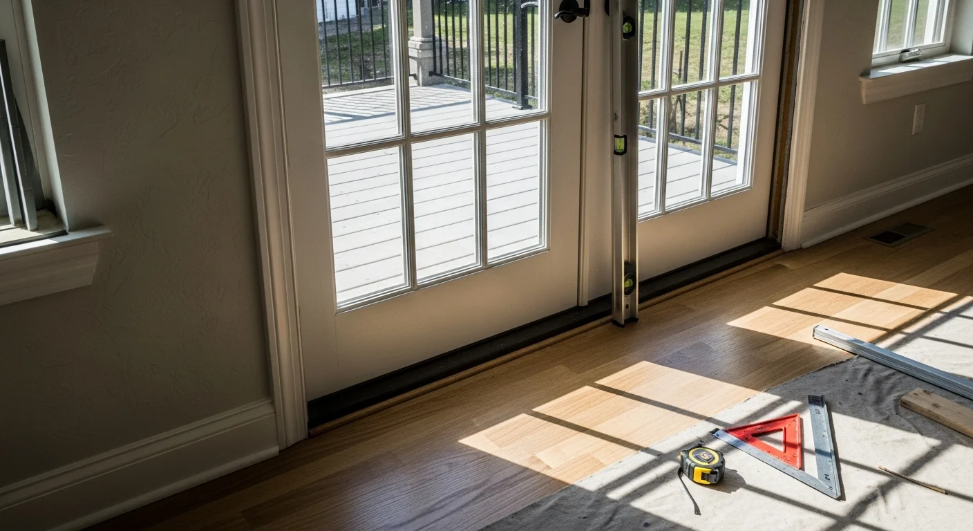 A newly installed French door unit set into a residential exterior wall of an Austin, TX home, showing clean framing, weatherstripping, and a level threshold. The door opens onto a rear patio with the Texas Hill Country visible in the background.