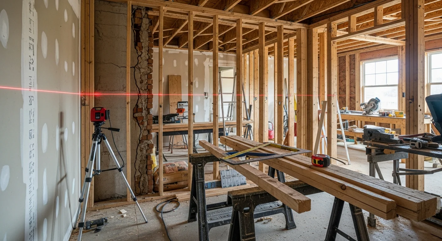 A CHS Construction and Remodeling crew replacing a damaged load-bearing beam inside an Austin, TX home during a structural repair project. Exposed framing shows new structural lumber installed above an open floor plan modification.